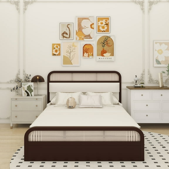 Queen size Wooden Platform Bed with Trundle and 2 Drawers,Espresso