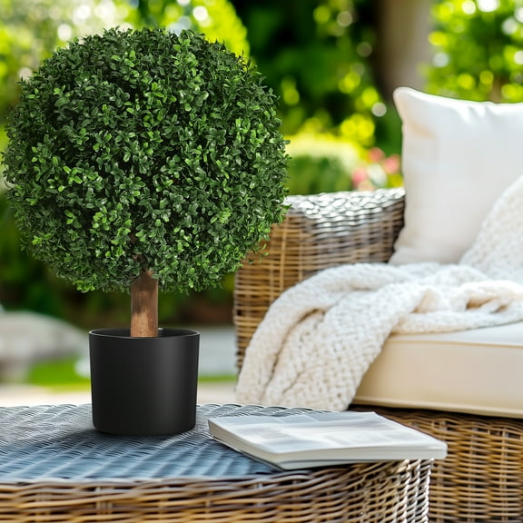 24 Inch Artificial Topiary Boxwood Ball Trees Outdoor – Set of 2 UV Resistant Faux Boxwood Topiary, Fake Potted Shrubs Evergreen for Front Door Porch Patio Balcony Home Decoration