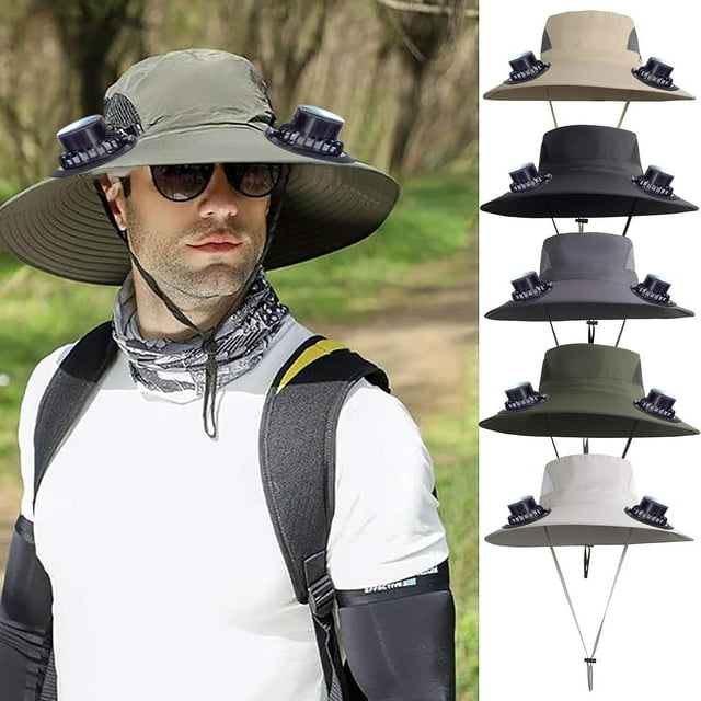Sombrero Solar Fan para hombre - Sombrero de pesca exterior de ala ancha con carga USB/solar, ventilador ajustable de 3 velocidades y protección solar