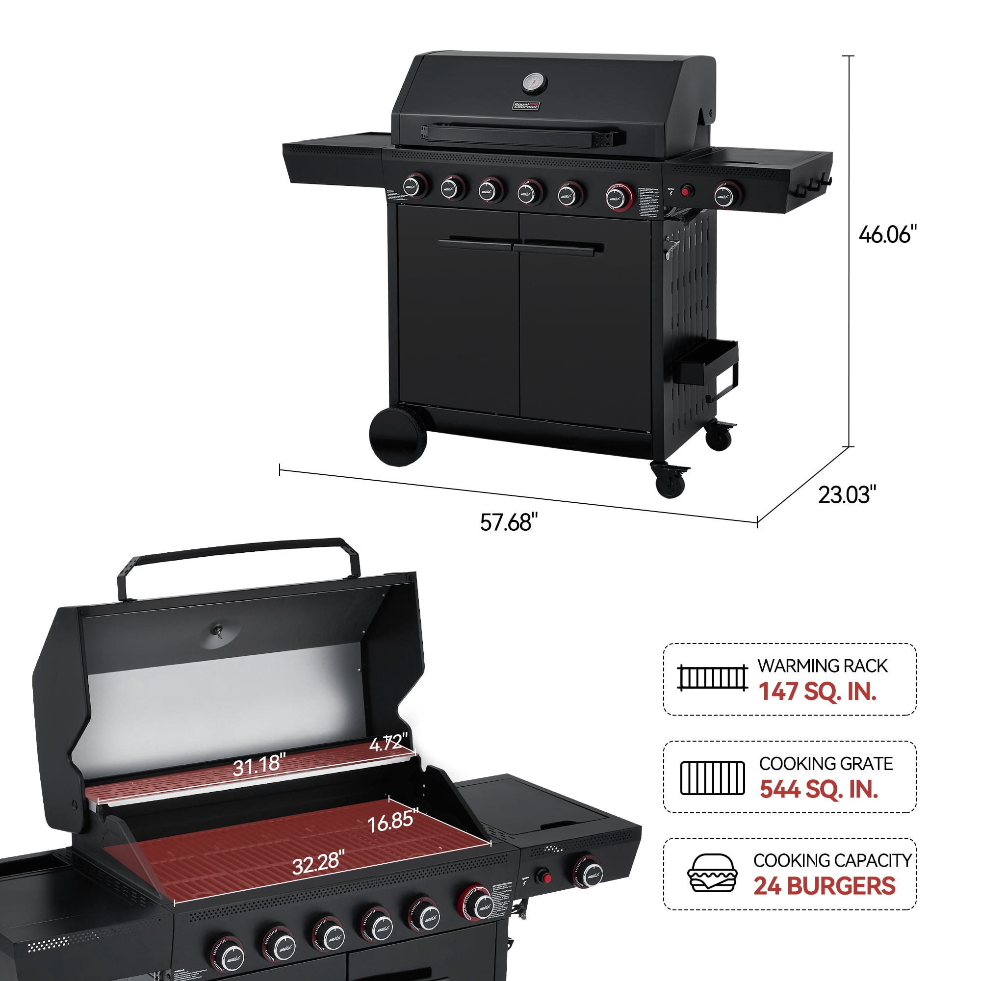 Royal Gourmet GE6001H 6-Burner Gas Grill, with Side Burner, 72,000 BTU, 691 Sq.for Outdoor Grilling and Backyard Cooking, Black