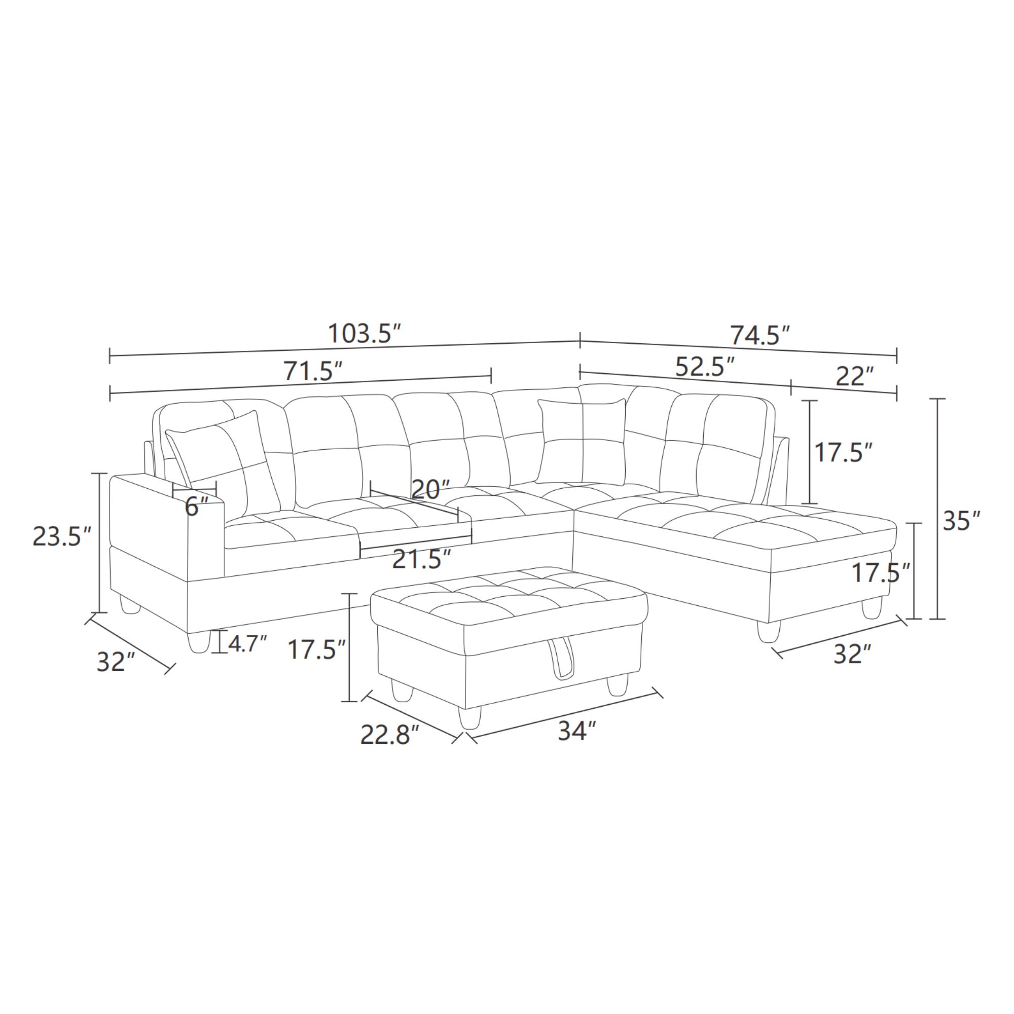 MAYEERTY 103.5" Modular Sofa, 2-Piece Sectional Couches for Living Room, Faux Leather Sofa Set without Ottoman, Black(Right)