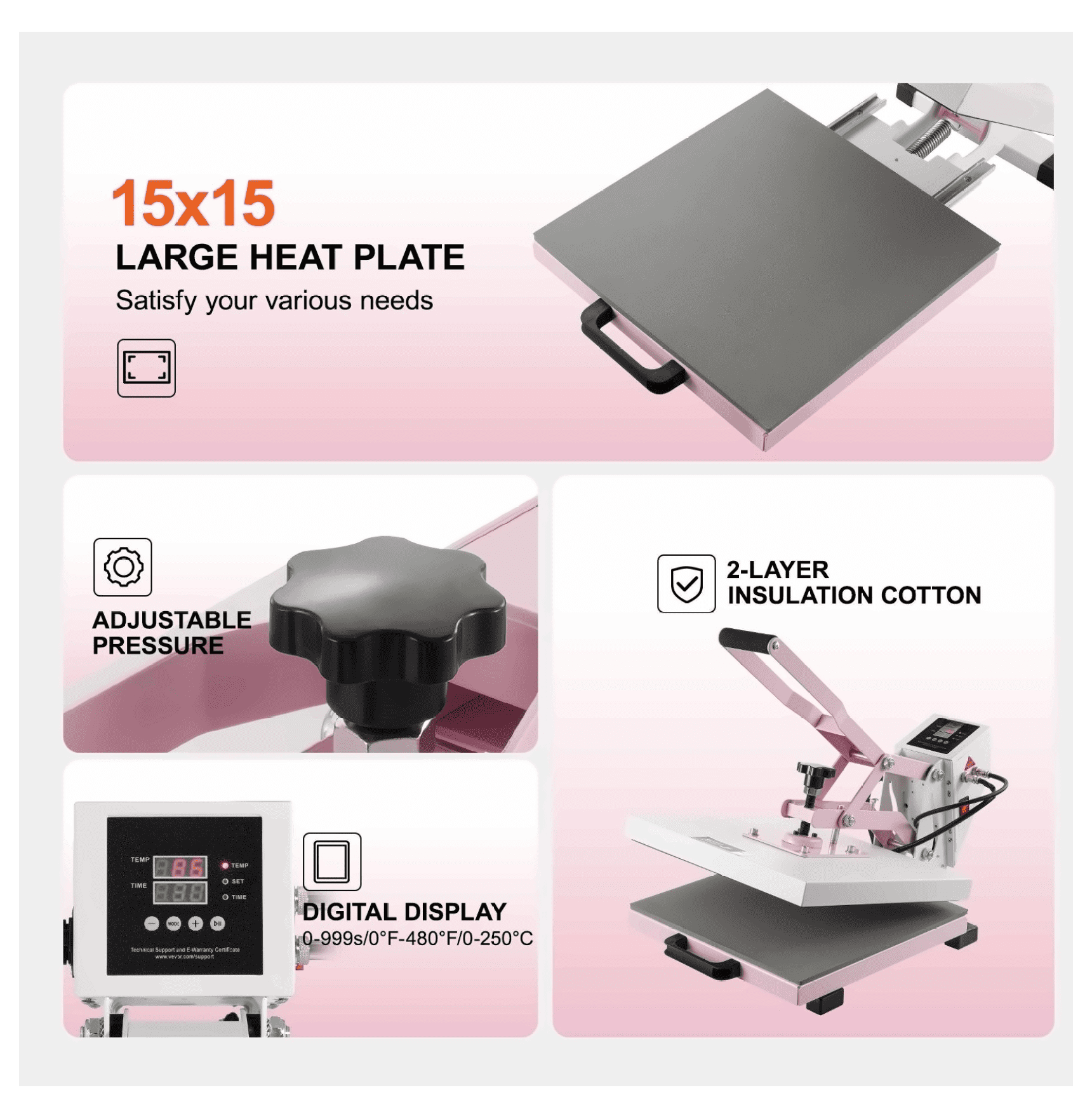 Heat Press Machine 15x15 Pink - Slide Out Transfer Press for T-Shirts, DIY Crafts, Pillowcases - Digital Control, Safe Design