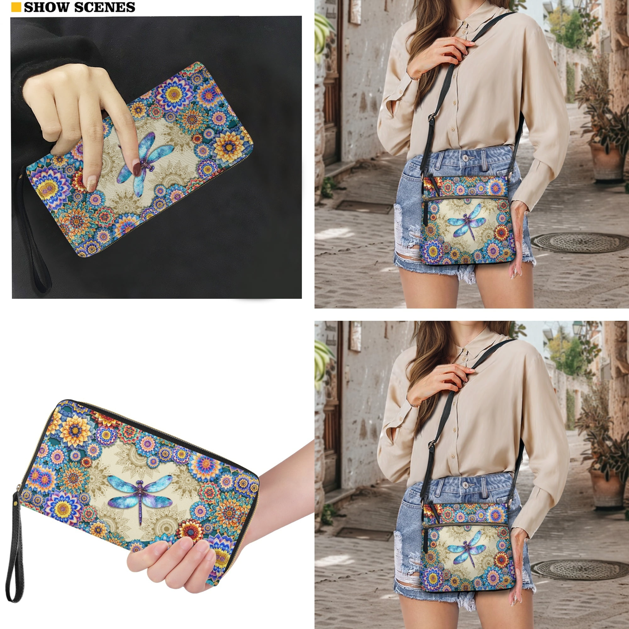 ZUXONGSY Boho Mandala Dragonfly Print PU Leather Crossbody Hobo Bag and Wallet Set for Women, Adjustable Strap, Perfect for Travel, Work & Shopping