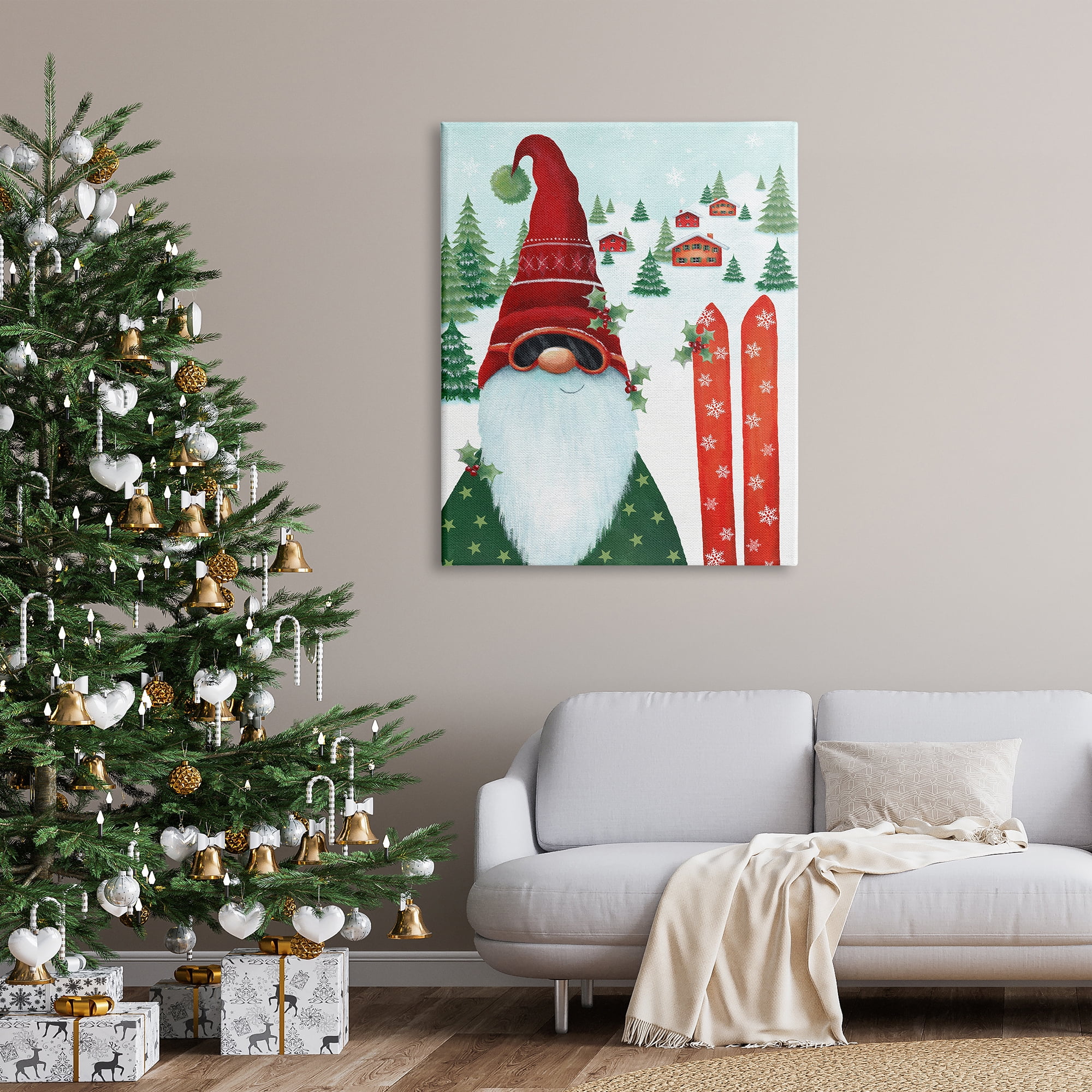 Stupell Industries Gnome Skiing Winter Slopes Holiday Painting Gallery Wrapped Canvas Art Print Wall Art, 36 x 48