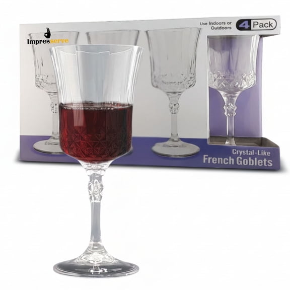 Impresserve 12 oz Clear Plastic French Goblet Wine Glasses, Crystal-Like Disposable Stemware, 4 Count