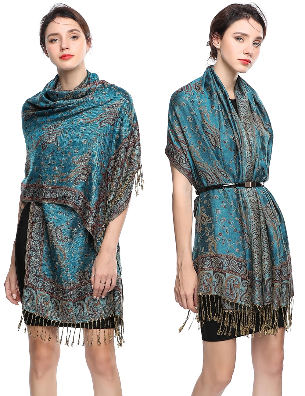Pashmina Scarf Rave Women Scarves Luxury Paisley Shawl with Fringe Reversible Large Blanket Wrap 78.5" X27.5"(Peacock Blue)