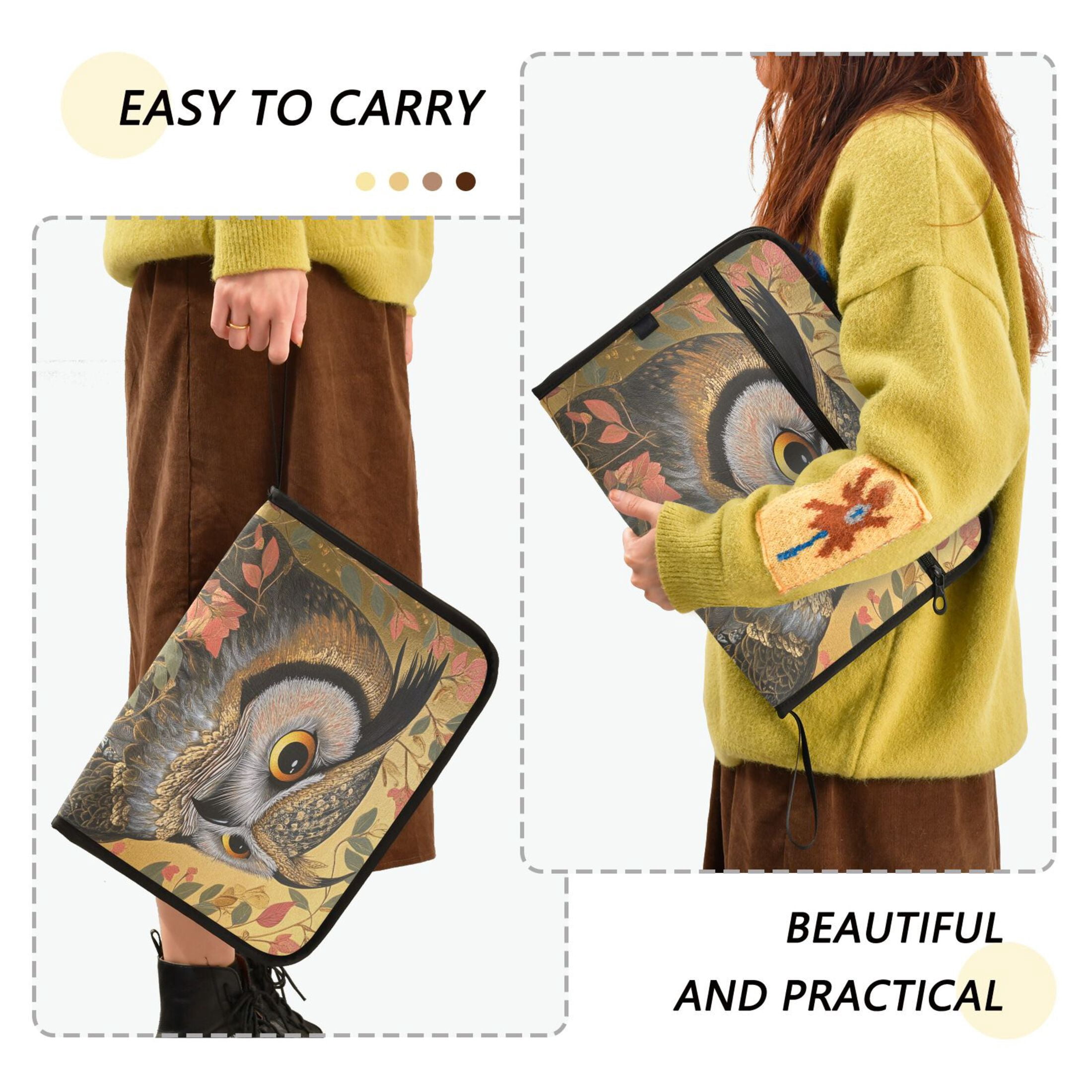 WOBOGO Owl Leaves Yellow Pattern Expanding File Folder Letter Size Accordion Filing Organizer 13 Pocket Separate Organ Pocket