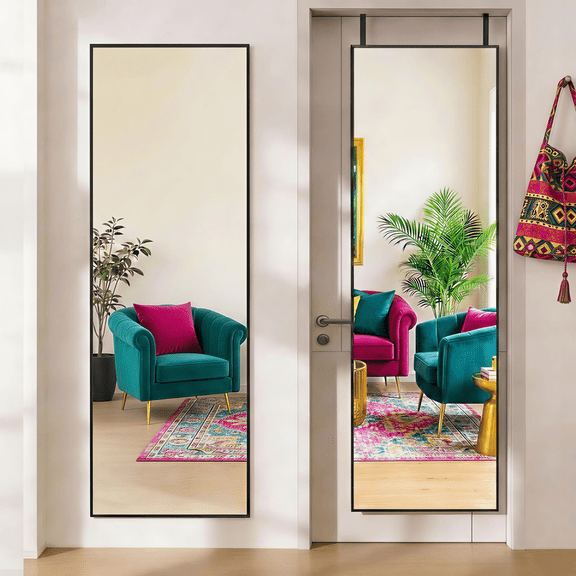 Mirror over the Door‌, 47x14 Full Length Mirror for Hanging or Wall Mounted, Space Saving, No Drilling, for Bathroom, Closet, Entryway, Black