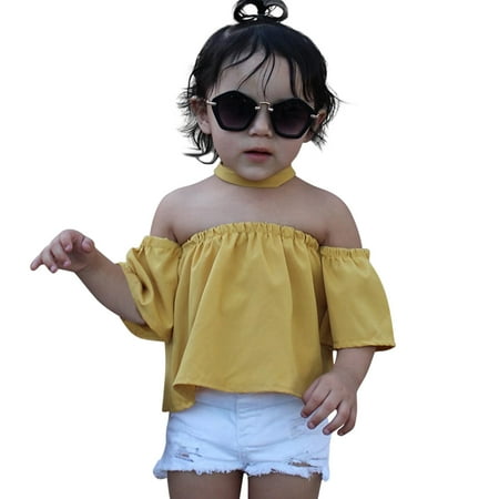 

Rovga Girls Outfit Sets Toddler Kids Girls Fashion Soild One Shoulder Top Jeans Shorts Hairband 3Pcs Outfit Set Clothes Toddler Girls Clothing