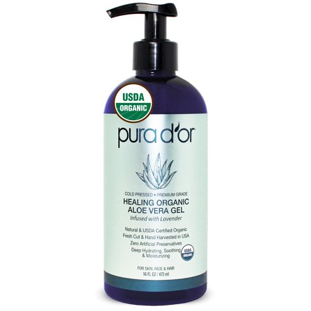 PURA D'OR Organic Aloe Vera Gel Original Lavender (16oz) USDA Certified - Deeply