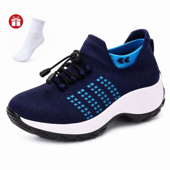 Women's Knit Slip On Walking Shoes, Lightweight Platform Sneakers with Bungee Laces