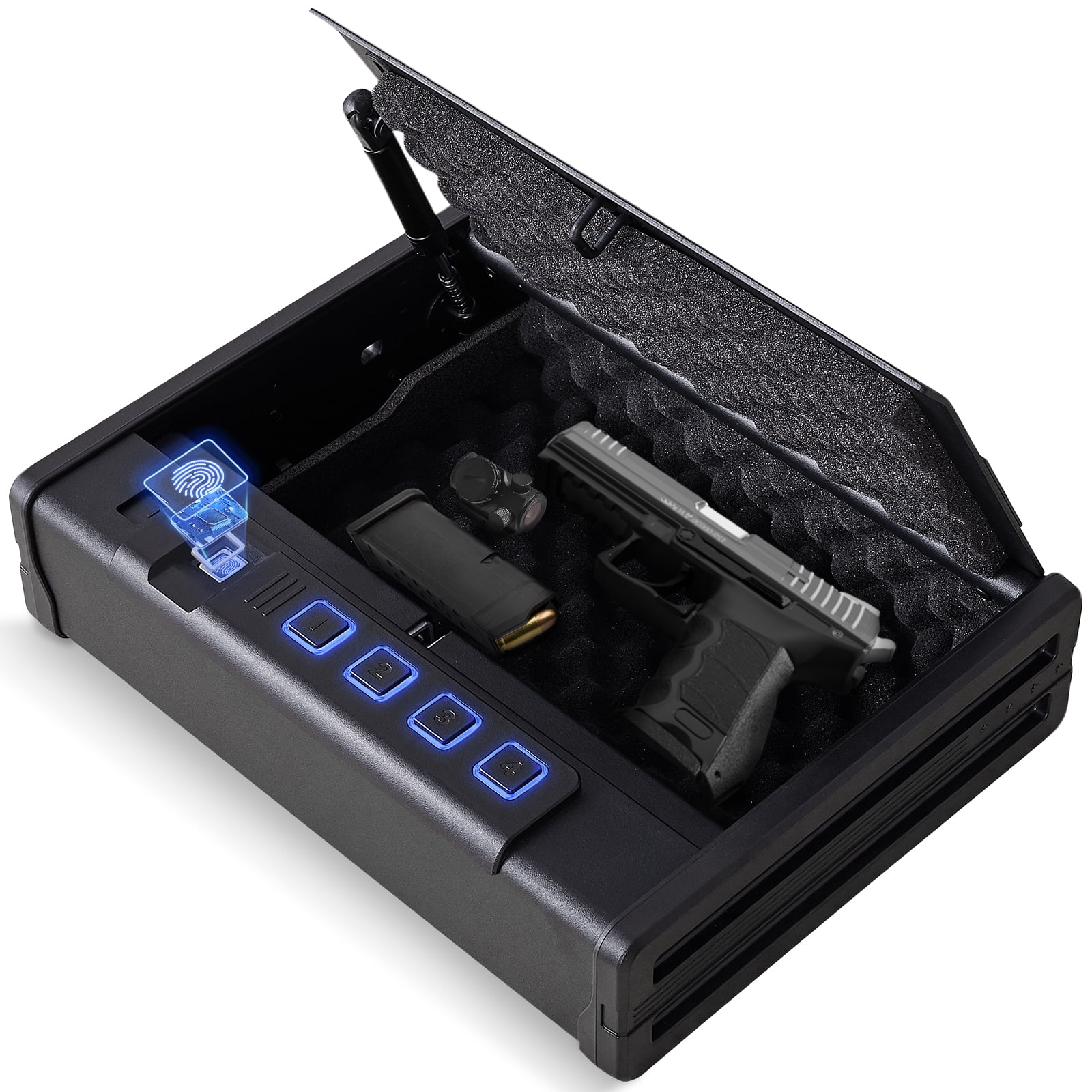 Kavey Biometric Gun Safe for Pistols, Quick-Access Fingerprint Handgun Safe for 2 Pistols with Backlit Keypad, Mute Mode, Auto-Open Pistol Safe for Home Nightstand Bedside Car
