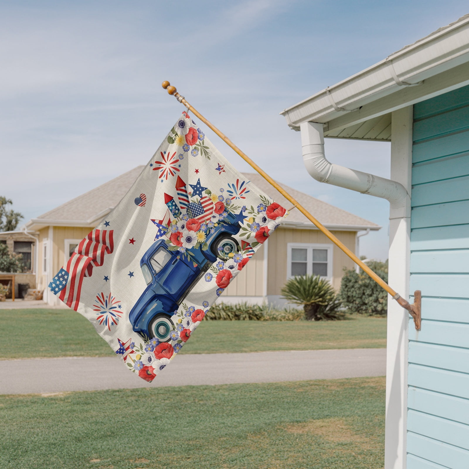 4th of July Flags for Outside 3x5 ft Fireworks Poppy Truck Outdoor Flags Double Sided Grommets USA Flag Patriotic Stars Stripes Patio Yard Flag for Outdoor Party Porch Independence Day