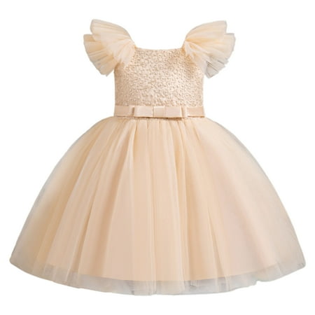 

OJinShaWanO Toddler Girl Dress Up Clothes For Play Child Girls Tulle Pageant Dress Party Bow Knot Fly Sleeve Gown Dresses Gold Cotton Blend 5-6 Years