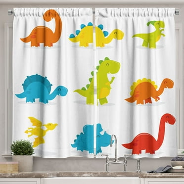 Ambesonne Dinosaur Kitchen Curtains, Funny Cartoon Set, 55"x39", Multicolor