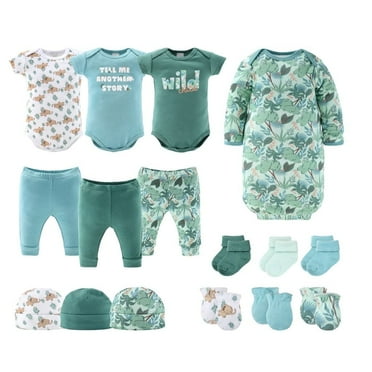 The Peanutshell Newborn Layette Gift Set for Baby Boys or Girls, Blue Green Wild Jungle, 16 Essential Pieces, 0-3 Months