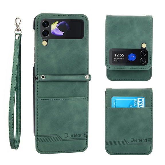 For Samsung Galaxy Z Flip 3 Case Card Holder,Women Man RFID Blocking PU Leather Flip Cover Wrist Strap Credit Card Holder Slots,Shockproof,Phone Case for Samsung Galaxy Z Flip 3,Green