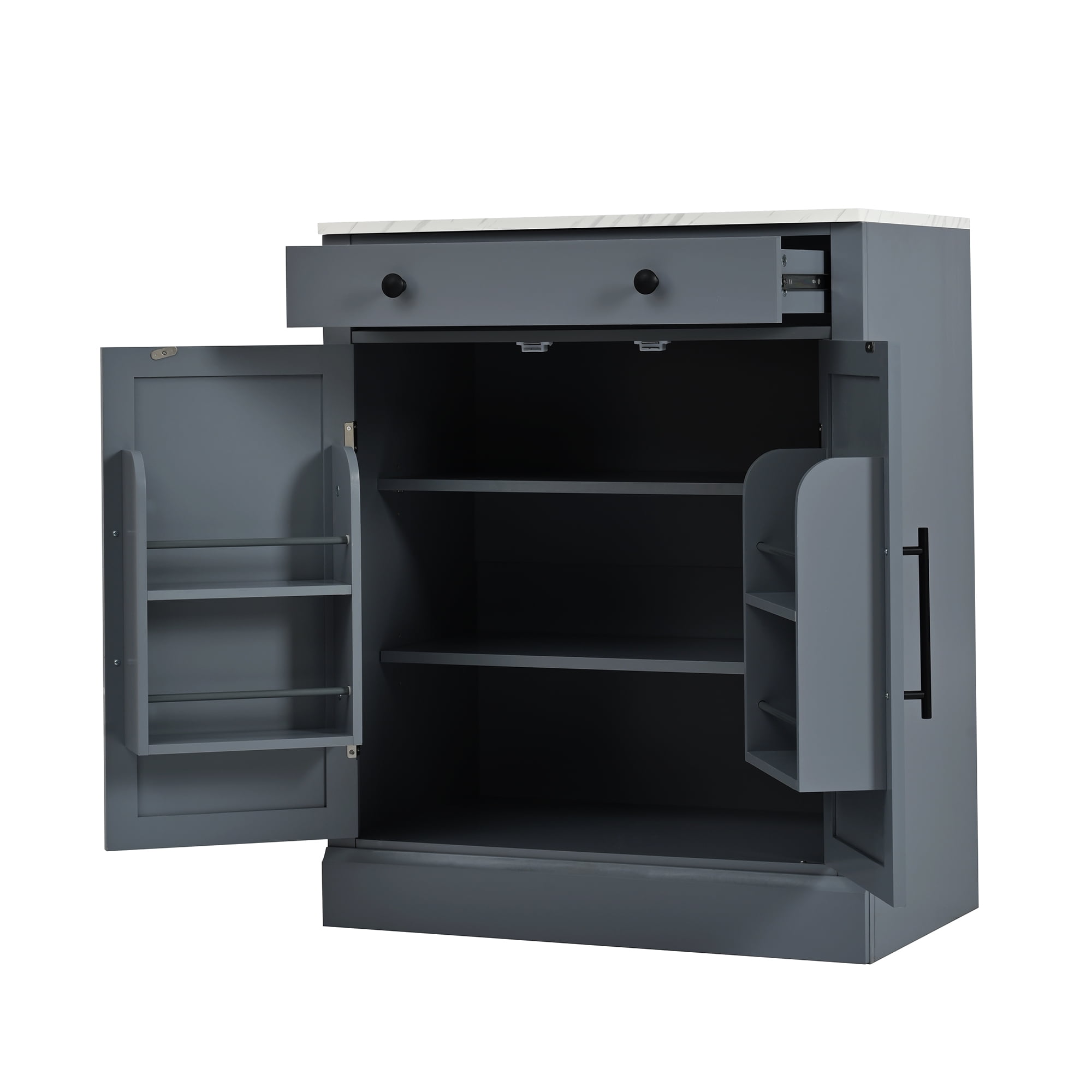 Euroco Freestanding Kitchen Cabinet with Marble Countertop, 2 Adjustable Shelves, 2 Door Shelves, and Pull-Out Drawer, 35.4" Height