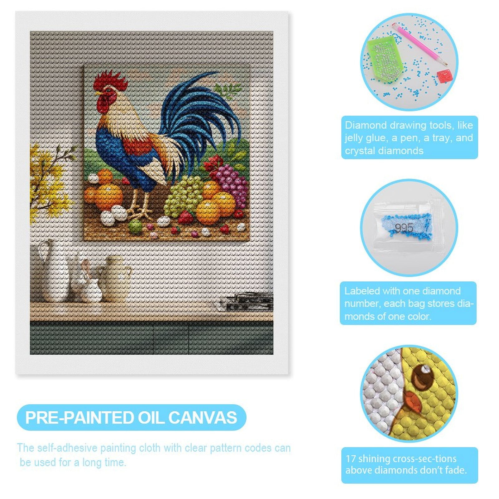 Diamond Art Kit for Adults, Rooster Mosaic With Colorful Fruits Diamond Painting for Adults Beginners, 5D DIY Diamond Art Painting Kits, Colorful Diamond Painting Craft for Home Decor 12x16