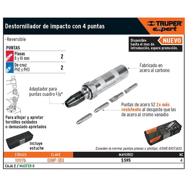 Desarmador de impacto con 4 puntas de acero S2 3/8', Expert Expert DIMP-3/8X