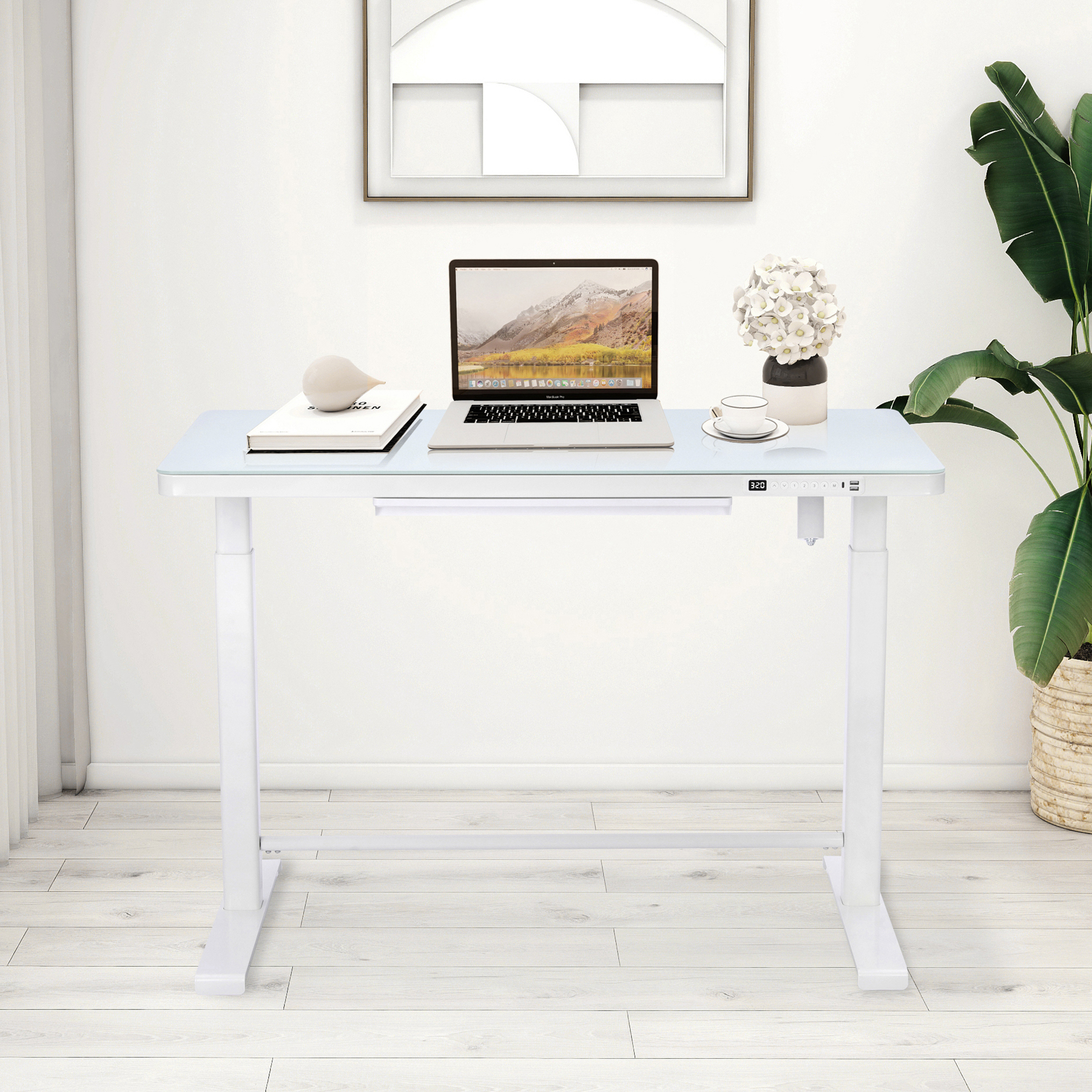 Rise Up Glass Electric Standing Desk | 45" White Glass Top Adjustable Height Sit Stand Desk with USB-C Charging & Memory Controls