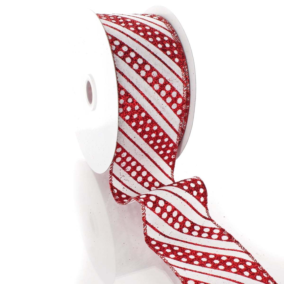 Ribbon Traditions Red Glitter Dots / Diagonal Stripes Wired Ribbon 2 1/2" by 25 Yards