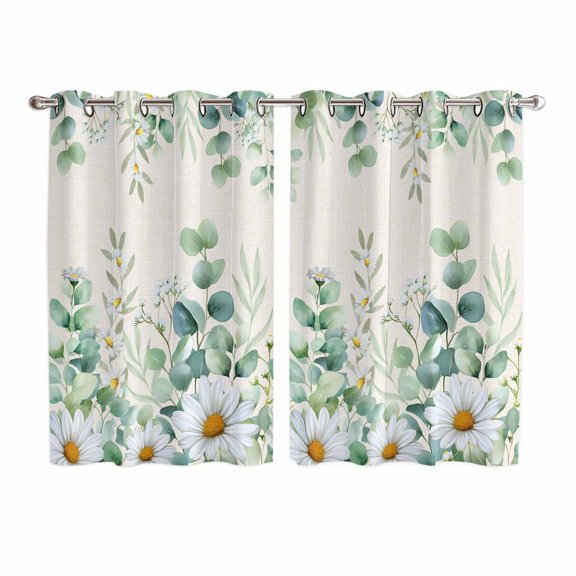 Green Eucalyptus Leaves Kitchen Curtains Window Panels, Daisy Summer Botanical Watercolor Insulated Window Treatment Curtain, Grommet Curtains for Bedroom/Living Room/Bathroom, 2 Piece 52"Wx72"L