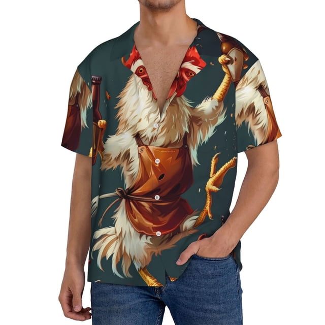 Fotbe Chef Chicken With Beer Bottles Camisa Estampada de Manga Corta para Hombre, Casual de Verano, Estilo Playero, Sin Arrugas-3X-Large
