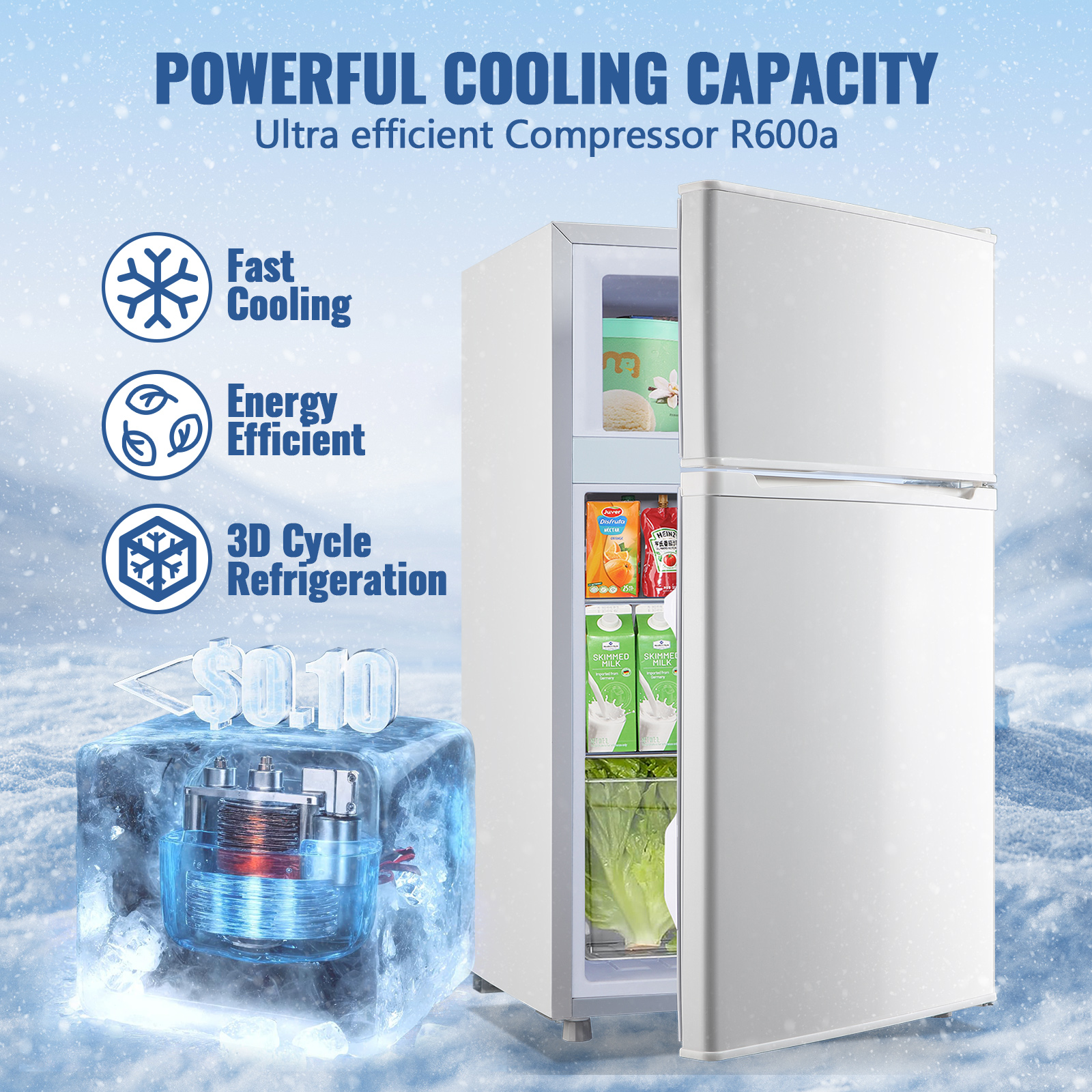 JIEJIA 3.5 Cu.ft Two Door Mini Refrigerator with Freezer, Compact Small Fridge Adjustable Removable Shelves, White