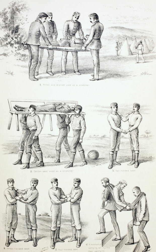 Methods Of Carrying Injured Persons Rifles And Blanket Used As Stretcher Garden Seat Used As Stretcher Two-Handed Seat Three-Handed Seat Four-Handed Seat Method Of Carrying An Injured Man Upstairs Fro