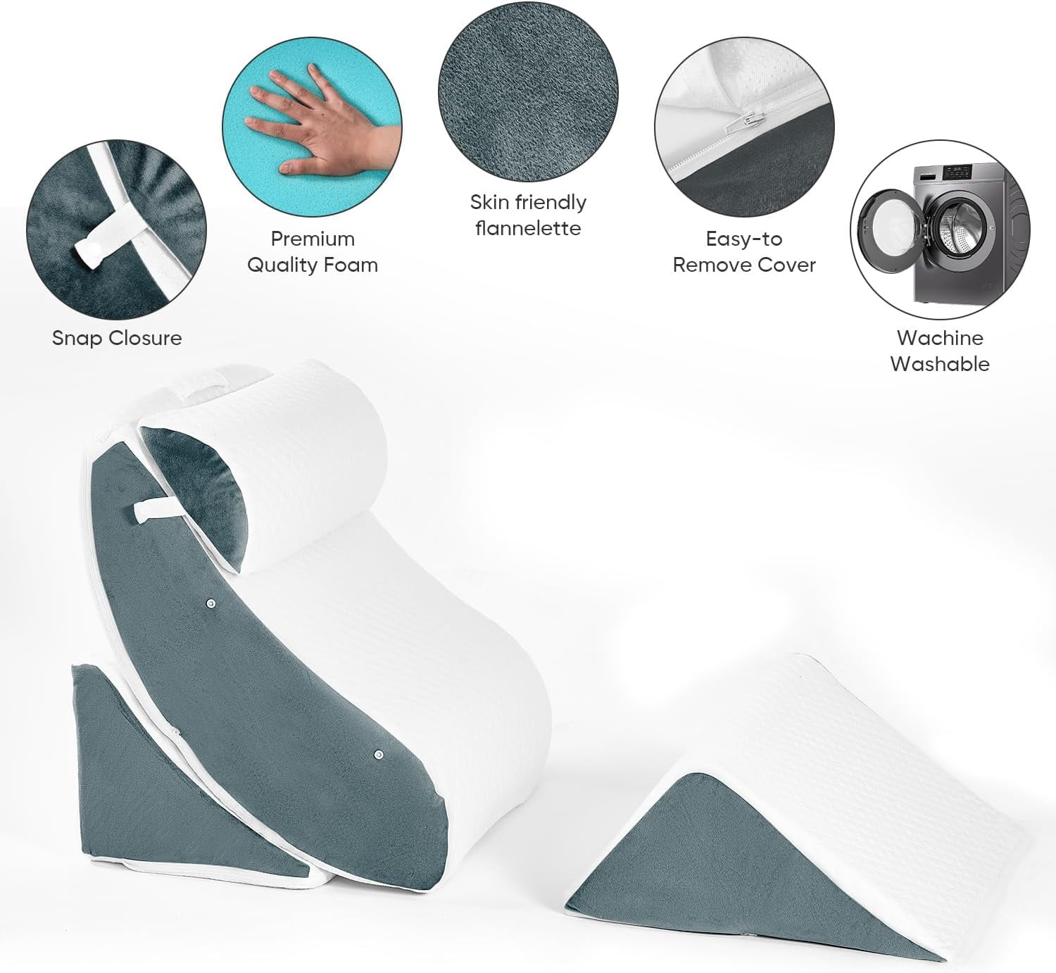 4 PCS Wedge Pillow Set for After Surgery, Memory Foam Orthopedic Bed Wedge Pillow Set, Adjustable Bed for Sleeping, Acid Reflux Relief, Post Surgery Recovery, Back Support, Leg Elevation, DarkGery