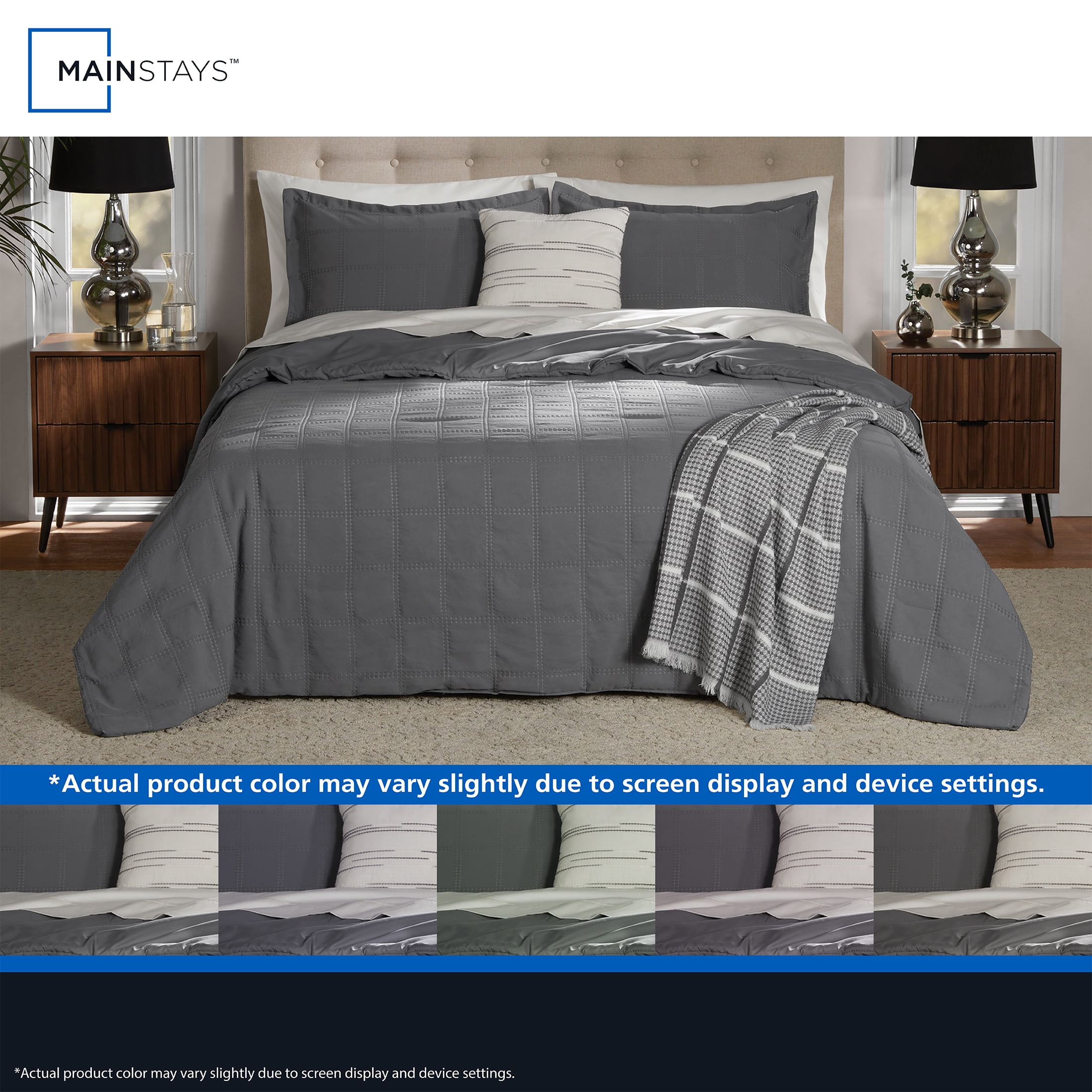 Mainstays Waffle Check 4-Piece Grey Comforter Set, Twin/Twin XL