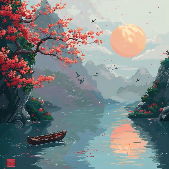 Modern Cherry Flower River Sunset DIY 11CT Stamped Cross Stitch Kits for Beginners Easy Needlepoint Embroidery Counted Cross Stitch Art Craft for Wall Decoration 14x14inch(9)