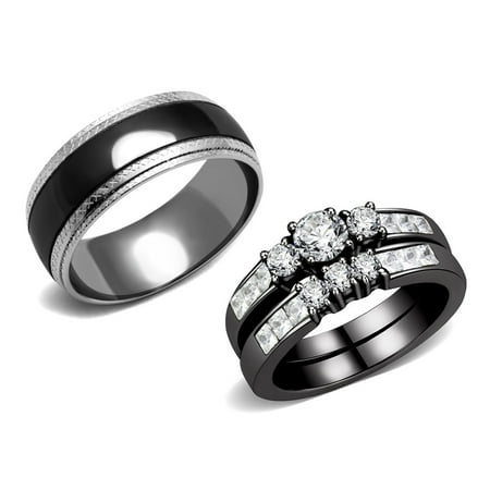 Ring Coupe - Couple Rings Black Set Womens Stainless Steel Small Round CZ Engagement Ring set Mens Wedding Band - Size W5M9