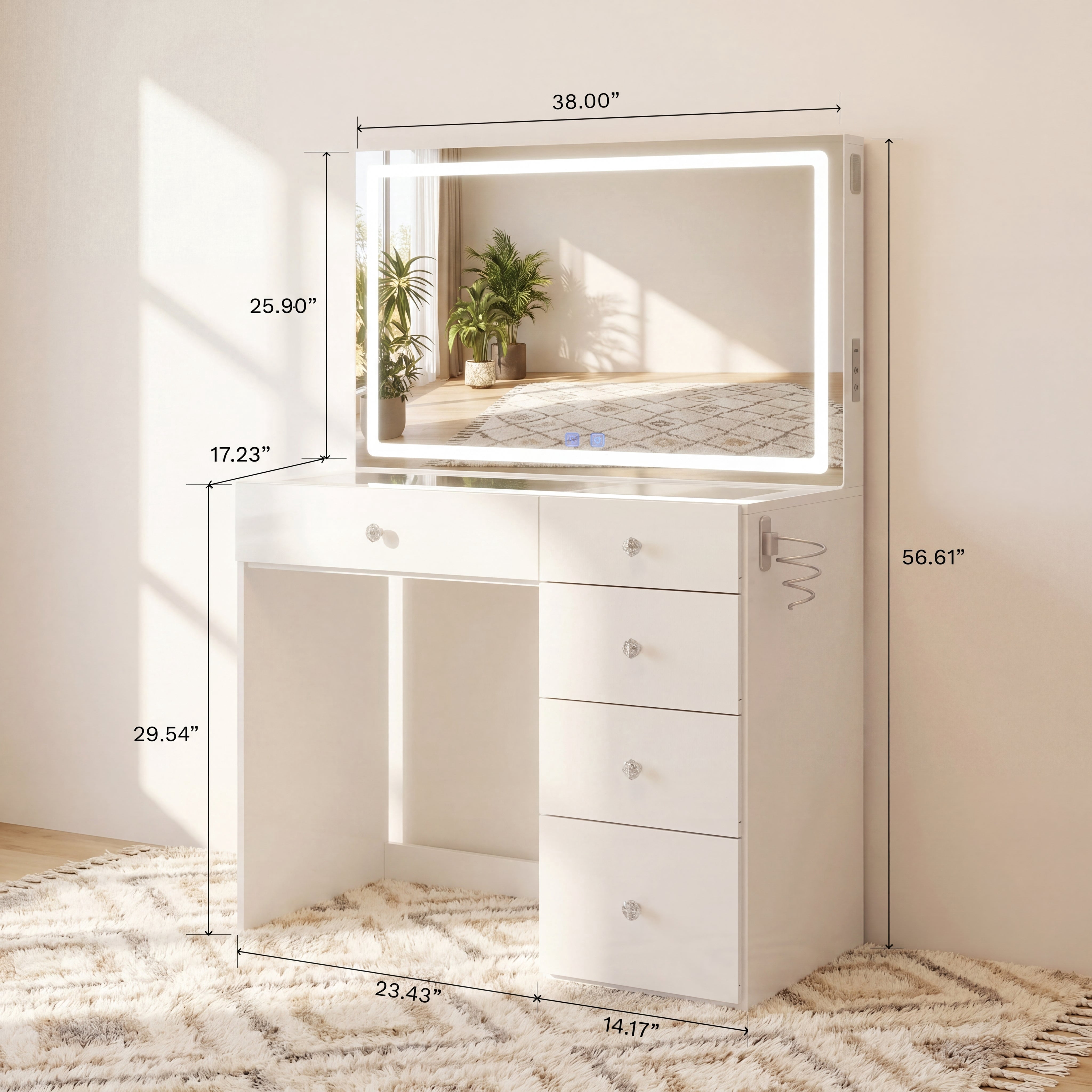 Boahaus Lyra Vanity Desk with LED Mirror and Built-In Speakers – Compact Makeup Vanity Table with Storage and Power Outlet