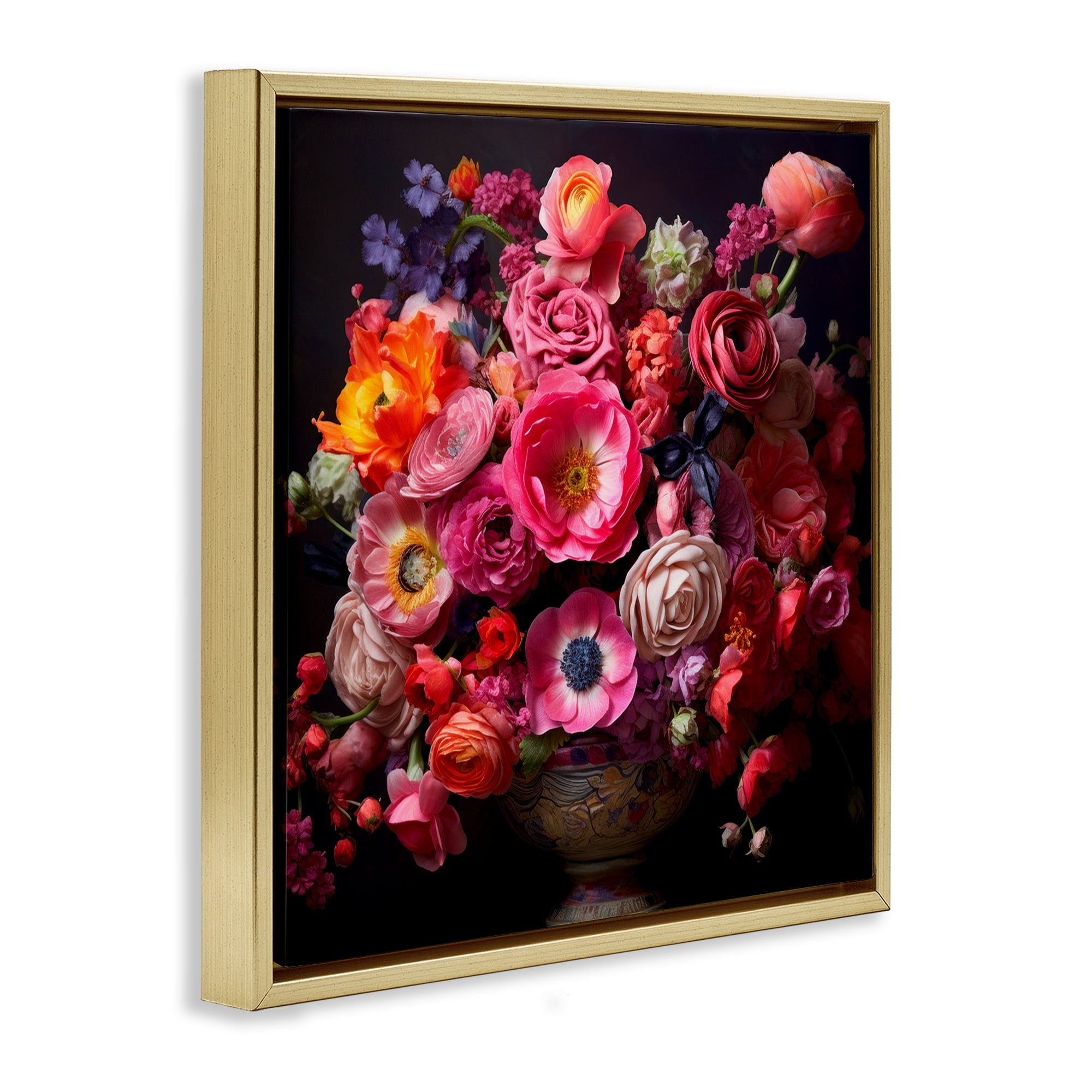 Stupell Industries Dark Full Bouquet Botanical & Floral Painting Gold Floater Framed Art Print Wall Art, 25 x 25