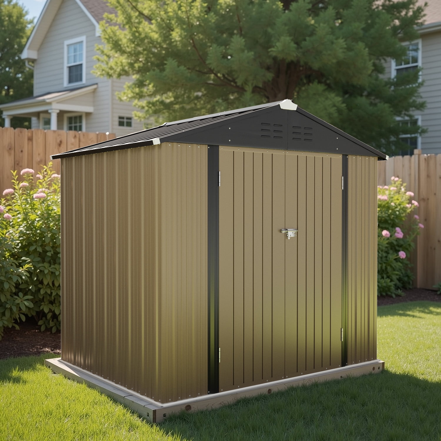 Homall 8' x 6' Mental Outdoor Storage Shed with Sloping Roof and Lockable Door, Outdoor Tool Storage Shed for Garden, Brown