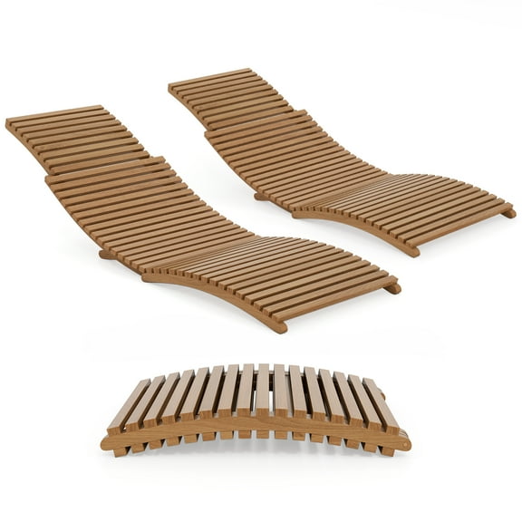 Gymax 2PCS Outdoor Folding Teak Wood Chaise Lounge Chair w/Curved Lying Area