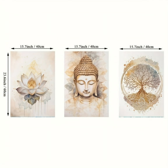 3-Piece Modern Buddha Statue and Lotus Painting - Frameless Canvas Poster Print, Suitable for Living Room, Indoor Portrait Direction, Spiritual Theme Decoration