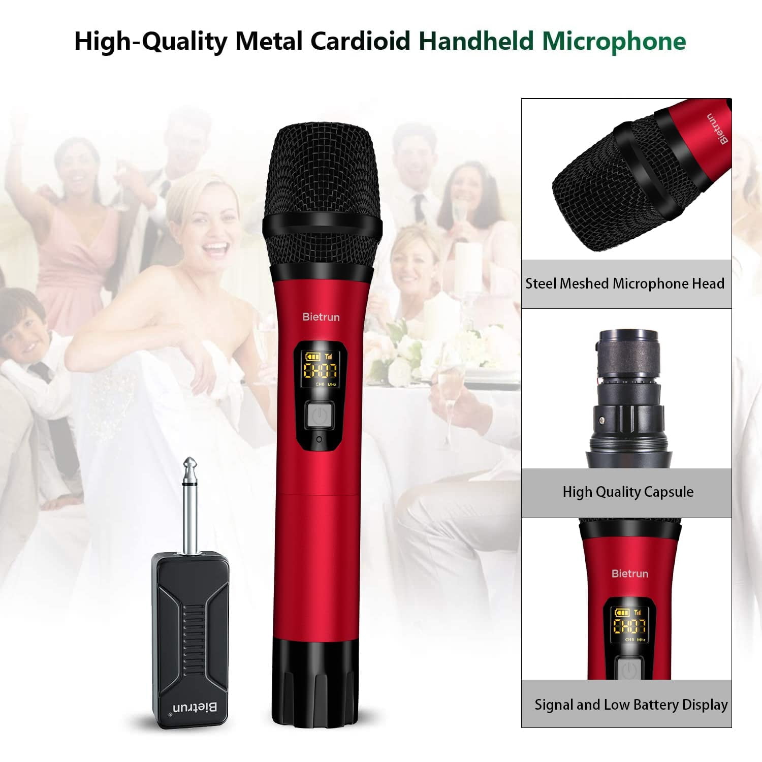 Bietrun Wireless Microphone Only for Mic Input, UHF Metal Dynamic Handheld Multipurpose Mic with Rechargeable Receiver (Work 4hs), 160ft Range, for Karaoke Machine, Amplifier Speaker, Mixer, Church