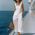 thumbnail image 4 of ibuvkizy Womens Two Piece Sets Linen Square Neck Sleeveless Button Front Tank Tops and High Waist Wide Leg Cropped Capri Pants with Pockets,Coastal Minimal Vacation Matching Outfits Sets, 4 of 7