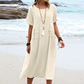 ZANZEA Casual Lightweight Beach Sundress Vintage Summer Cotton Midi Dress Women 2023 Round Neck Short Sleeve Vestidos HolidayXXL Gao Jinjia LED