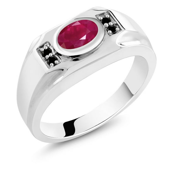 Gem Stone King Men's 925 Sterling Silver Red Ruby and Black Diamond Ring 2.02 Cttw, Gemstone July Birthstone, Oval 8X6MM (Size 10)