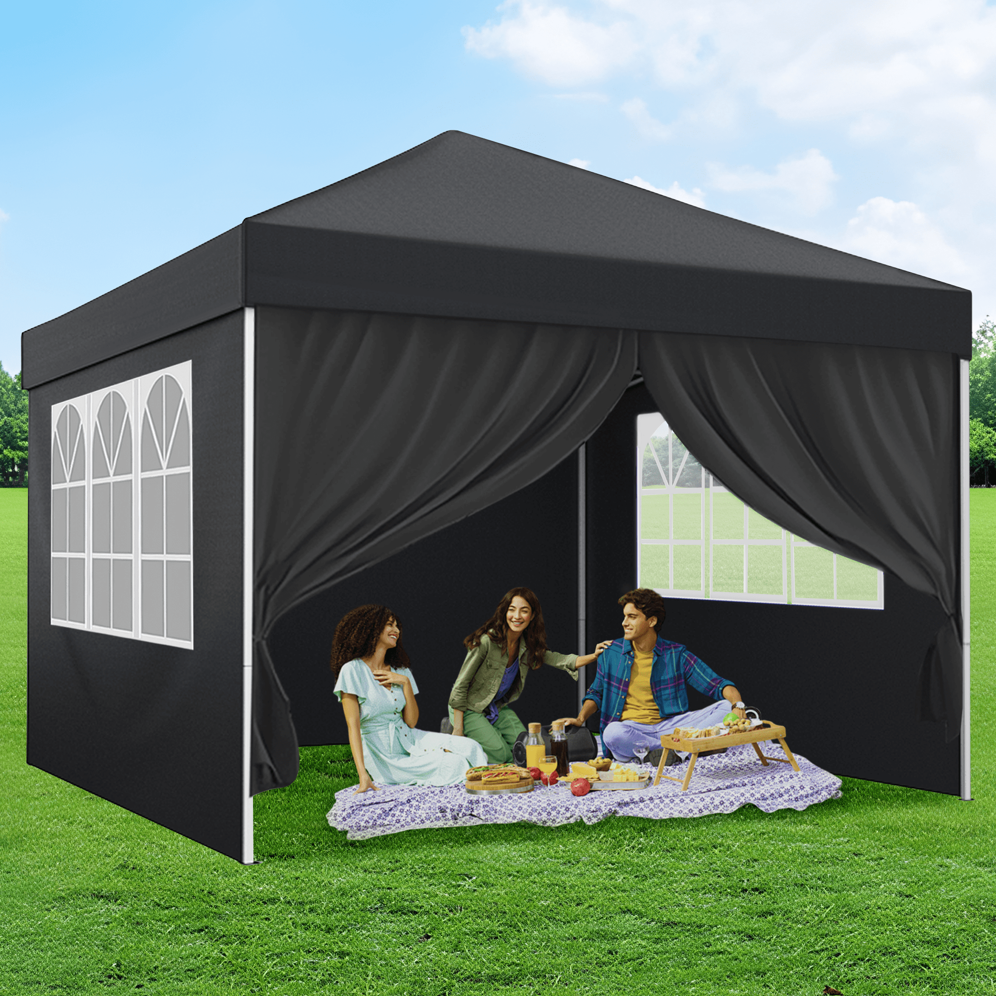 GVDV 10X10Ft Pop up Canopy Tent Enclosed Instant Folding Canopy Shelter with Elegant Church Window, Black