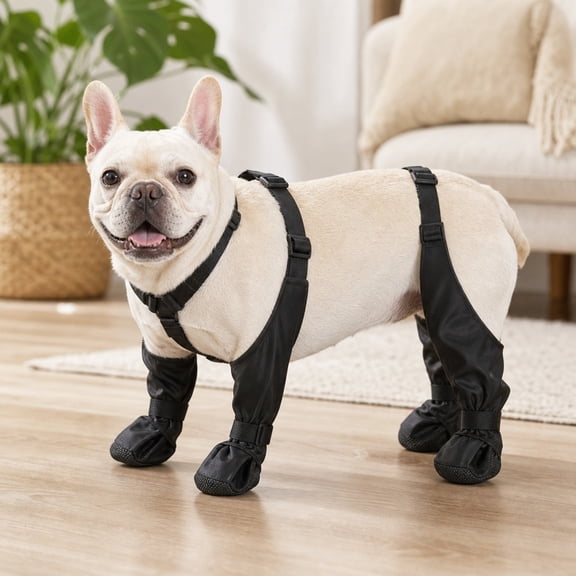 Dog Boots, Black Waterproof Dog Shoes Set with Harness M Size for Small Dogs, Anti-Slip Paw Protector for Walking, Outdoor, Winter