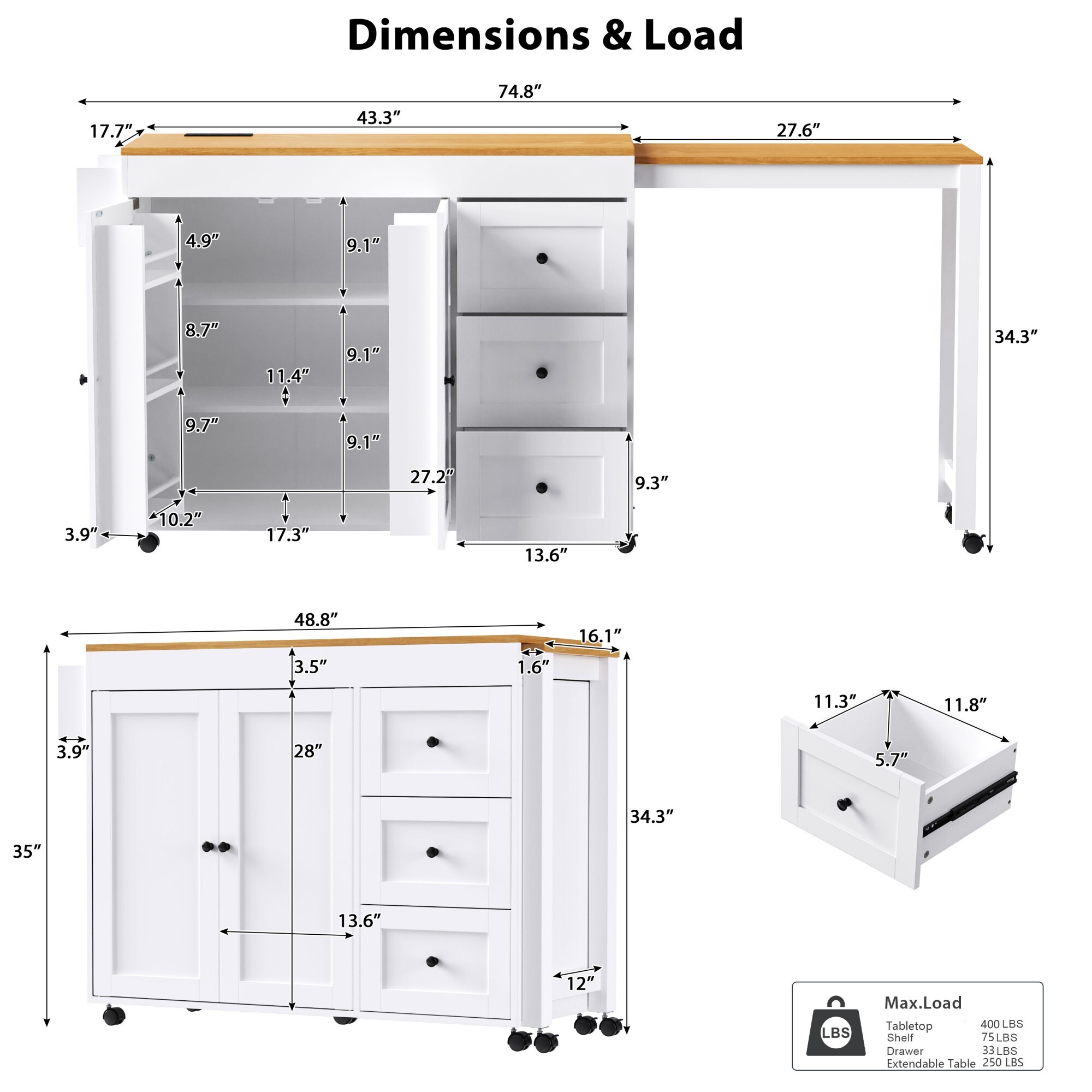 DEALTOPS 74.8" Rolling Kitchen Island Cart with Charging Station and Sliding Extendable Table, White