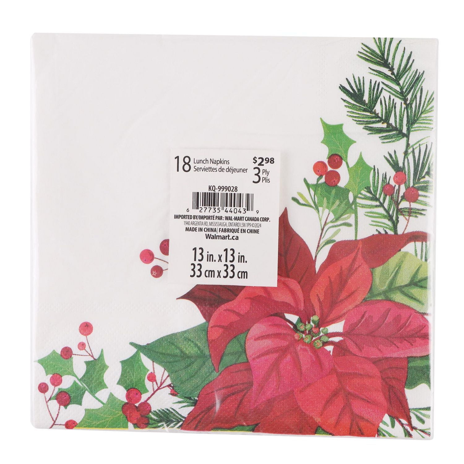 Holiday time, Christmas Poinsettia Lunch Napkins, 6.5in, 18ct