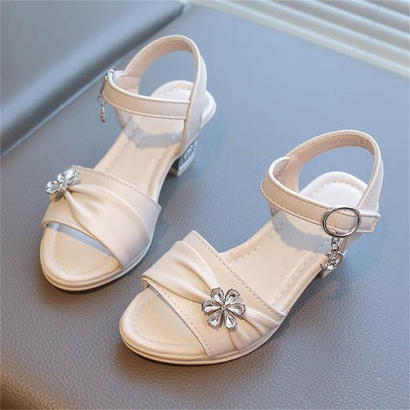 Girls Flower Girl Shoes, Glitter Low Heel Princess Shoes with Star & Moon Pendant for Weddings & Birthdays for Kids 4-12.5 Years Beige E 13.5