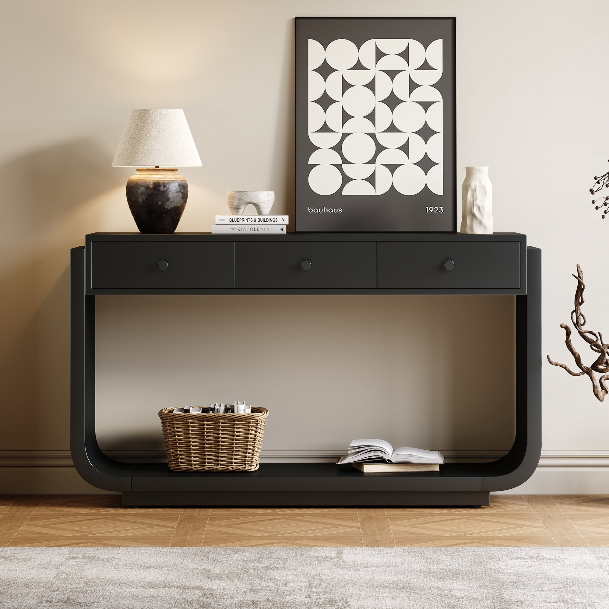 Mintazer Curved Rounded Console Table with Brushed Nickel Handles, Entryway Table with 3 Drawers & Open Bottom Shelf, Anti-Tip Sofa Table for Hallway Living Room Foyer, Beige
