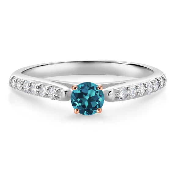 Gem Stone King 10K White and Rose Gold London Blue Topaz and White Lab Grown Diamond Engagement Ring for Women (0.40 Cttw, Gemstone November Birthstone, Round 3.5MM, Size 7)